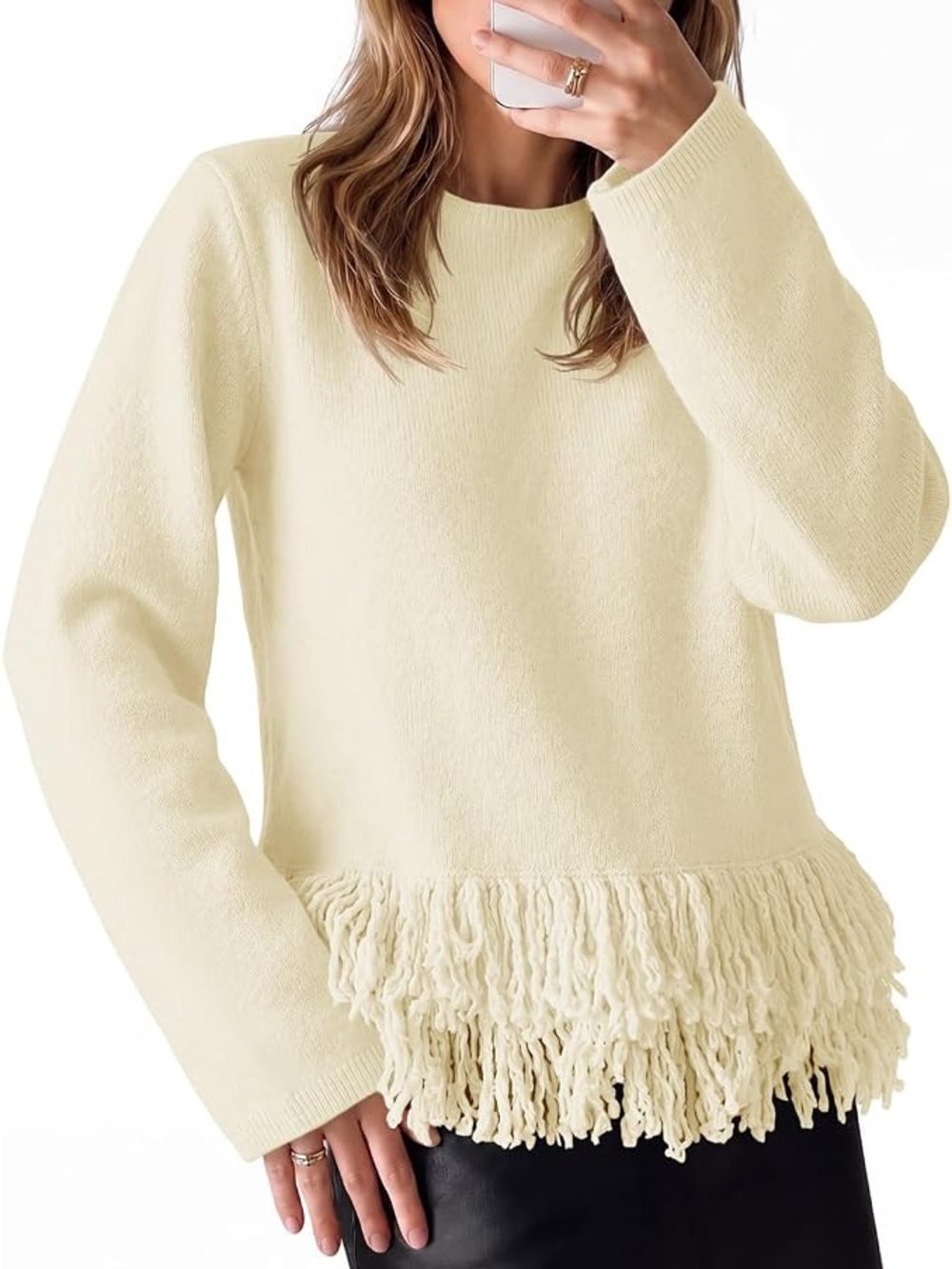 Fringe Hem Crewneck Sweater - Cream